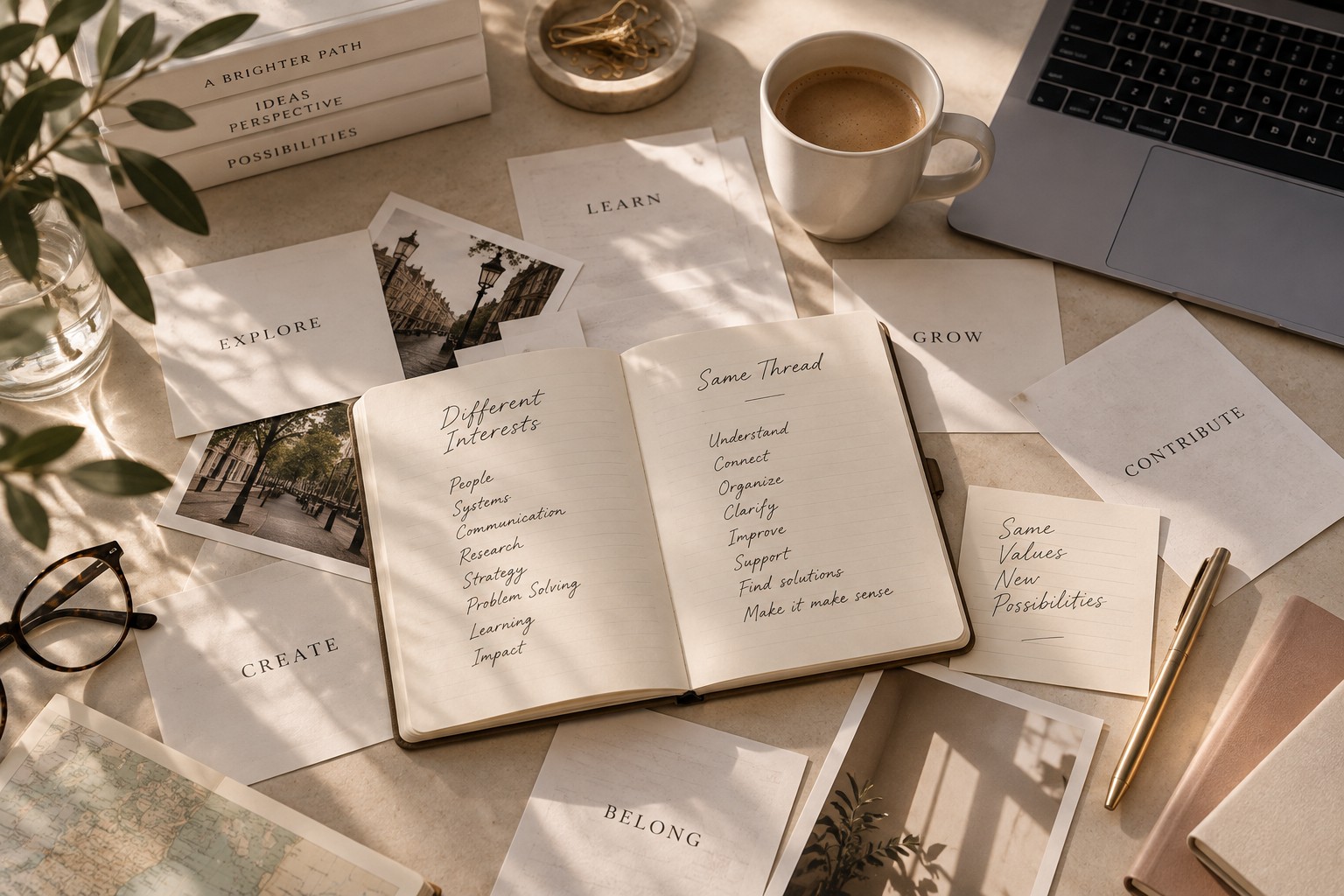 Warm editorial workspace with an open notebook, scattered ideas, and objects representing different interests connected by a common thread.