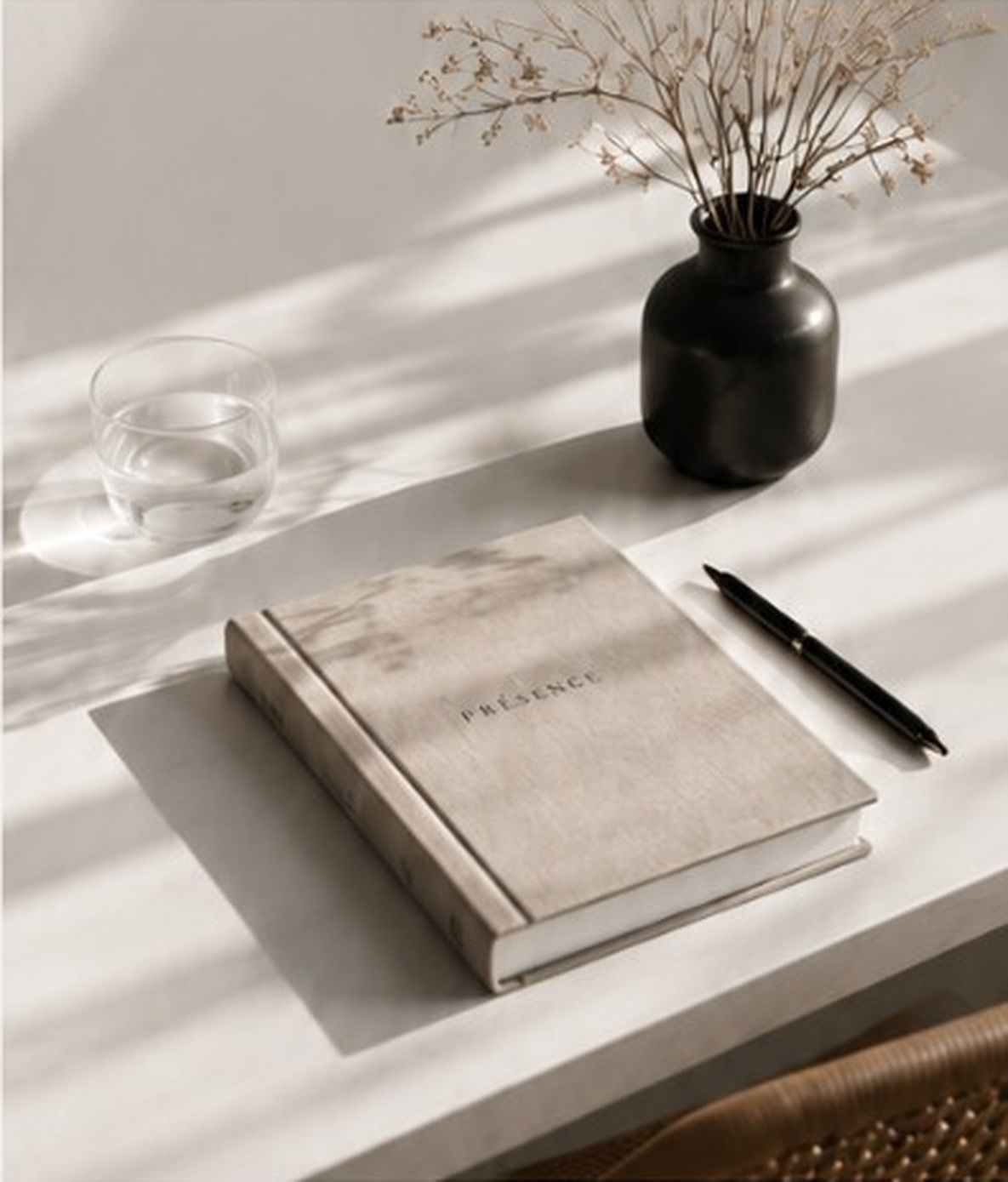 A calm, sunlit desk with a PRÉSENCE notebook, glass and vase.